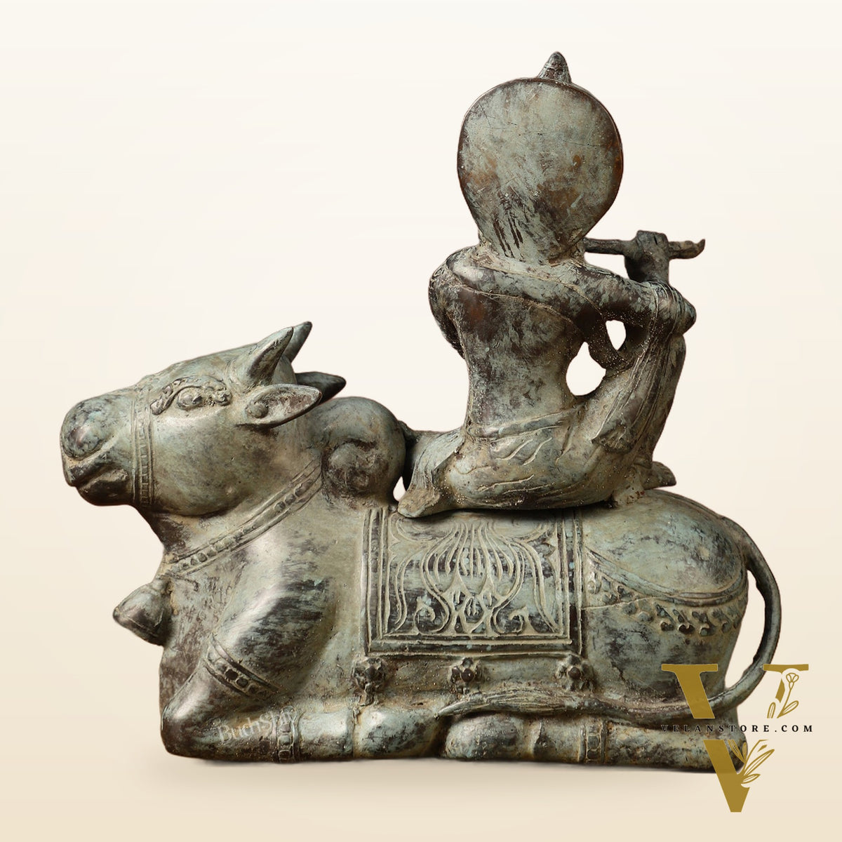 Indonesian Bronze Lord Krishna Sitting on Cow Sculpture | Height: 9 inch