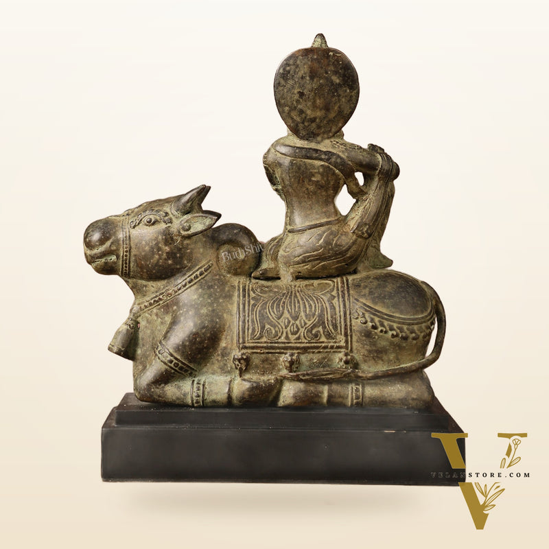 Indonesian Bronze Lord Krishna Sitting on Cow Sculpture | Height: 10 inch