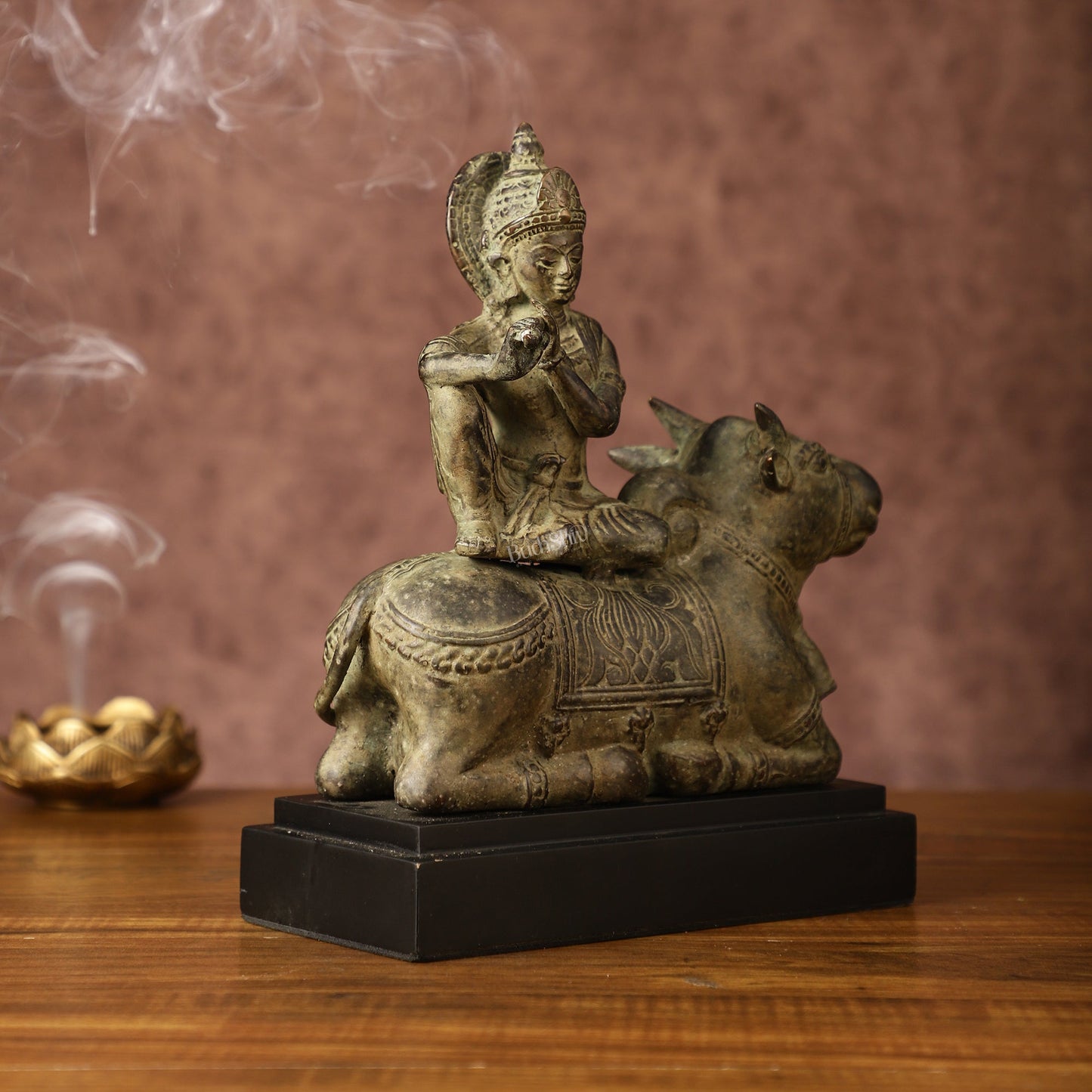 Indonesian Bronze Lord Krishna Sitting on Cow Sculpture | Height: 10 inch
