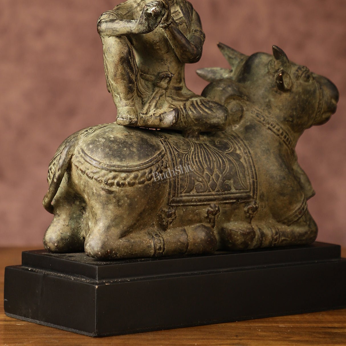 Indonesian Bronze Lord Krishna Sitting on Cow Sculpture | Height: 10 inch