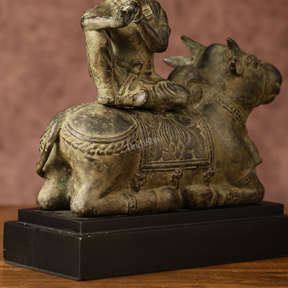 Indonesian Bronze Lord Krishna Sitting on Cow Sculpture | Height: 10 inch
