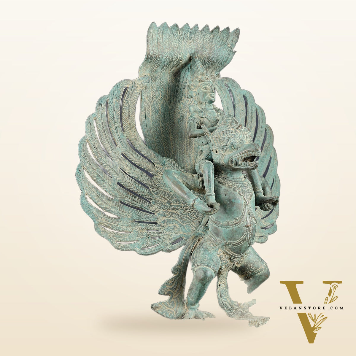 Indonesian Bronze Lord Vishnu Riding on Garuda Sculpture | Lost Wax | 21" Height |