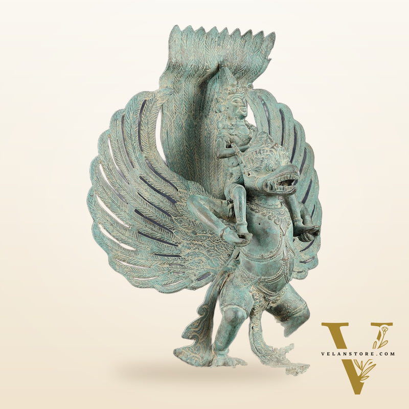 Indonesian Bronze Lord Vishnu Riding on Garuda Sculpture | Lost Wax | 21" Height |