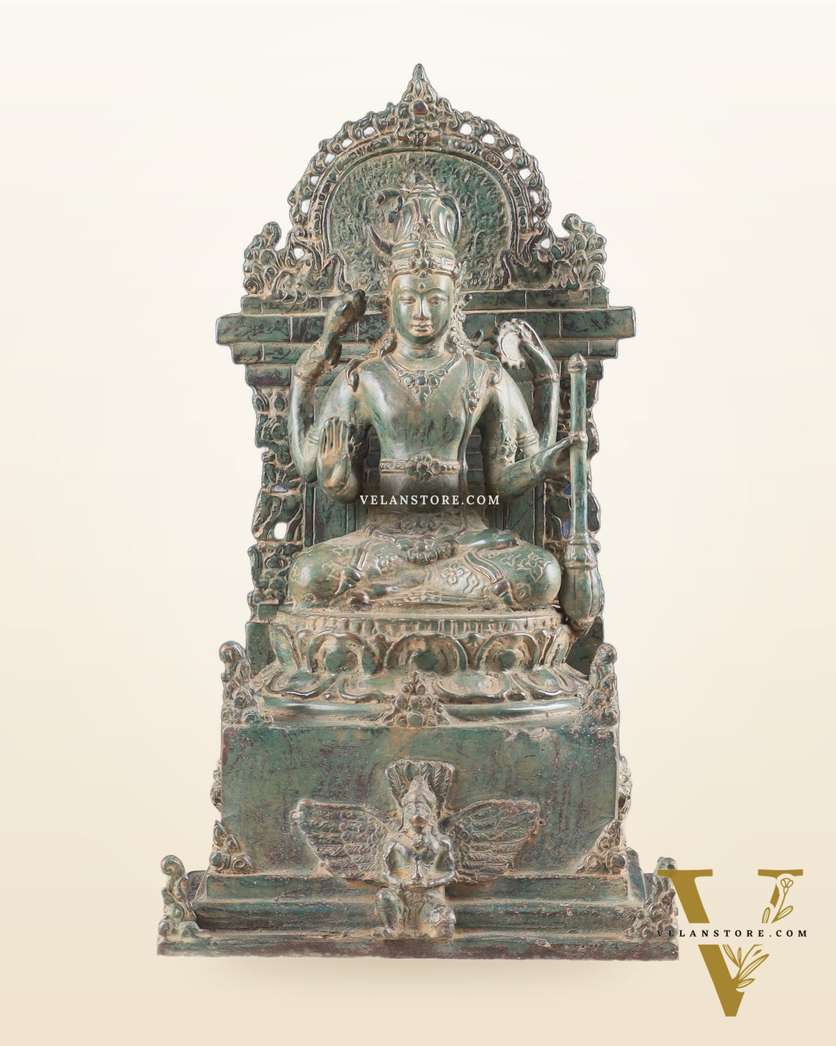 Indonesian Bronze Lord Vishnu Seated on a Throne with Garuda Sculpture 12"