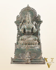 Indonesian Bronze Lord Vishnu Seated on a Throne with Garuda Sculpture 12"