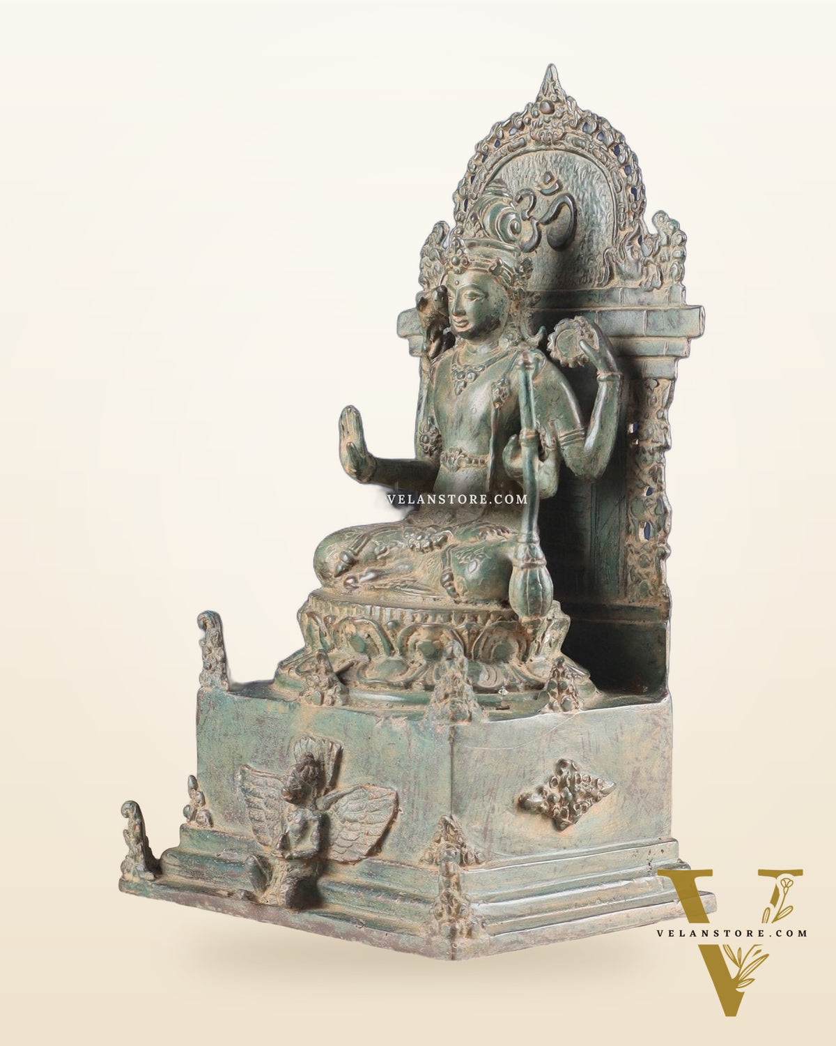 Indonesian Bronze Lord Vishnu Seated on a Throne with Garuda Sculpture 12"