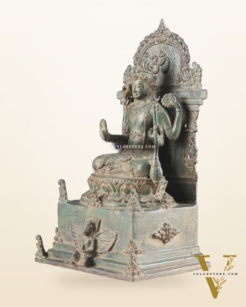 Indonesian Bronze Lord Vishnu Seated on a Throne with Garuda Sculpture 12"