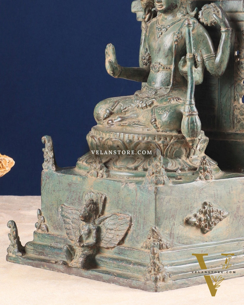 Indonesian Bronze Lord Vishnu Seated on a Throne with Garuda Sculpture 12"