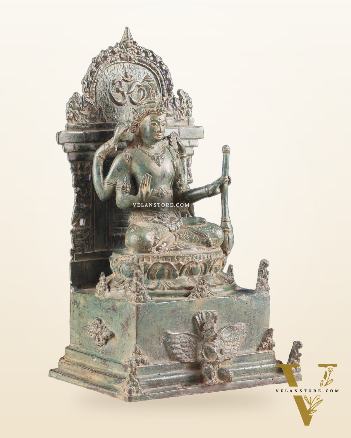 Indonesian Bronze Lord Vishnu Seated on a Throne with Garuda Sculpture 12"