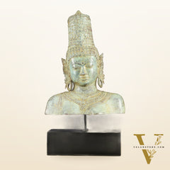 Indonesian Bronze Parvati Bust Sculpture on Wooden Base | 14"