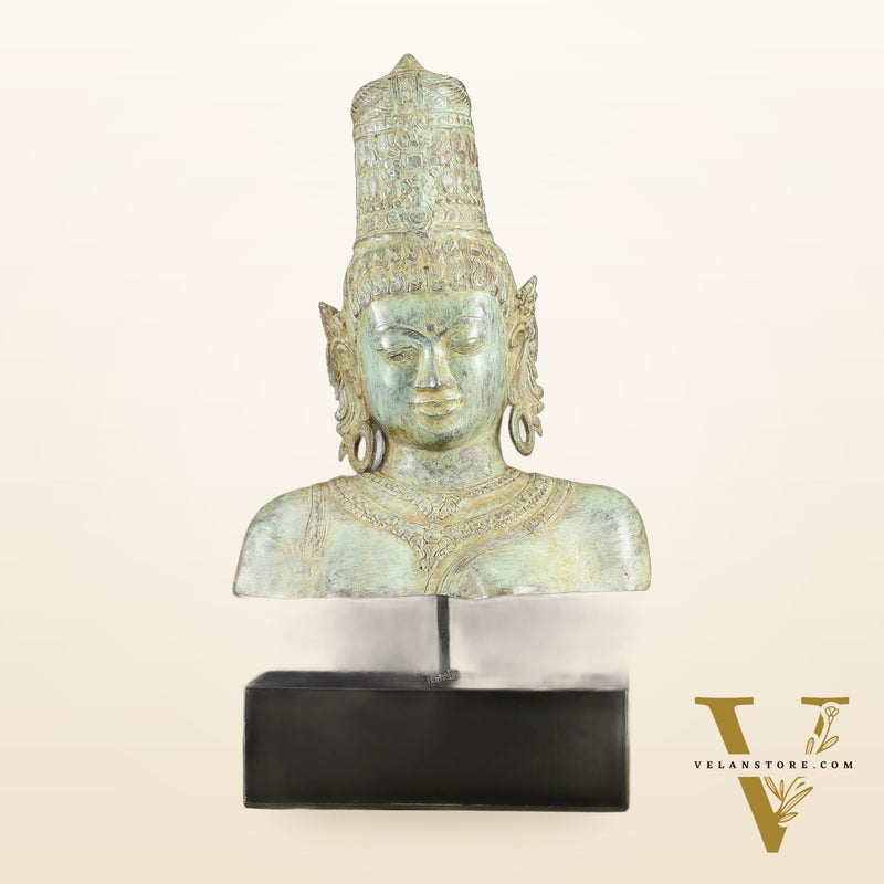 Indonesian Bronze Parvati Bust Sculpture on Wooden Base | 14"