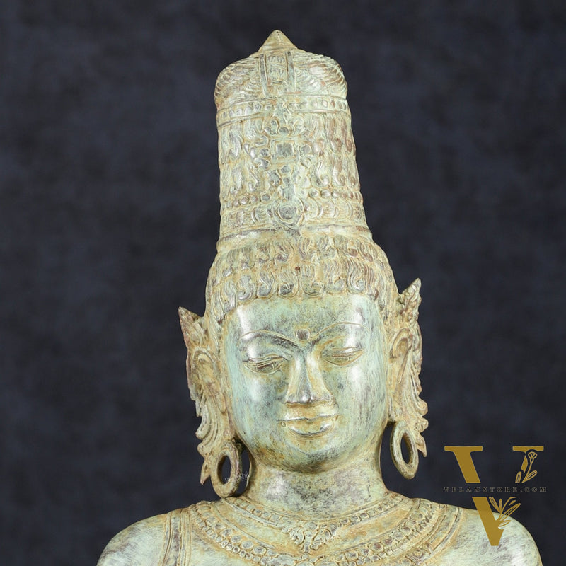 Indonesian Bronze Parvati Bust Sculpture on Wooden Base | 14"