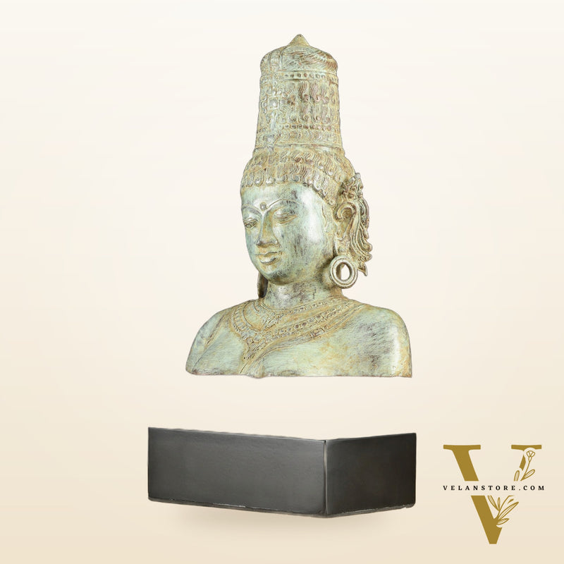 Indonesian Bronze Parvati Bust Sculpture on Wooden Base | 14"