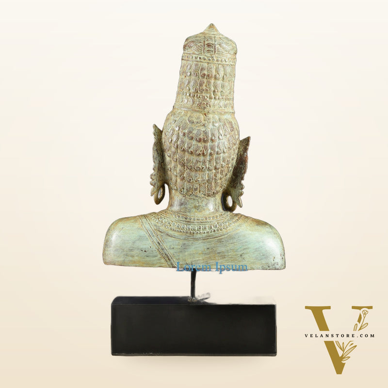 Indonesian Bronze Parvati Bust Sculpture on Wooden Base | 14"