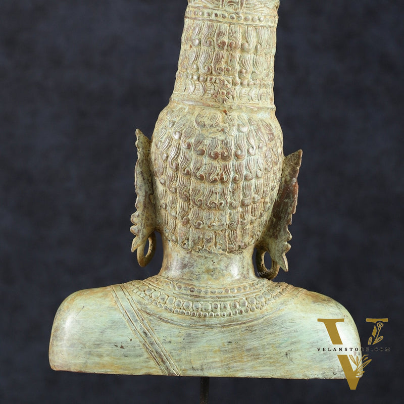 Indonesian Bronze Parvati Bust Sculpture on Wooden Base | 14"