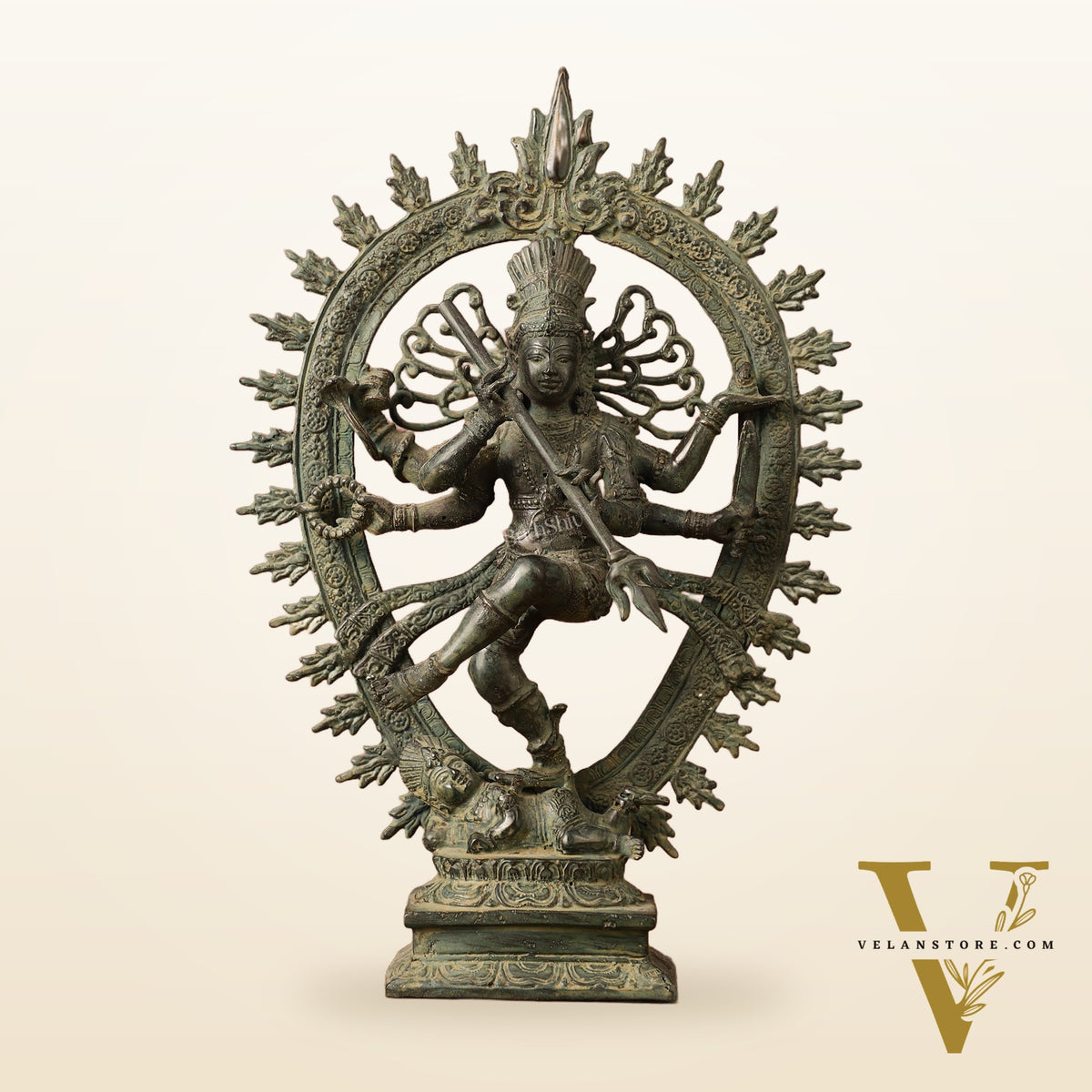 Indonesian Bronze Sculpture: Dancing Shiva with 6 Arms and Trishul Nataraja | Height: 13.5 inch