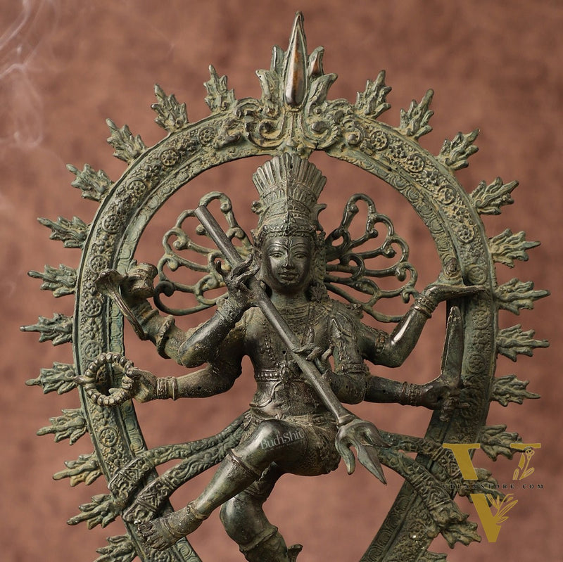 Indonesian Bronze Sculpture: Dancing Shiva with 6 Arms and Trishul Nataraja | Height: 13.5 inch