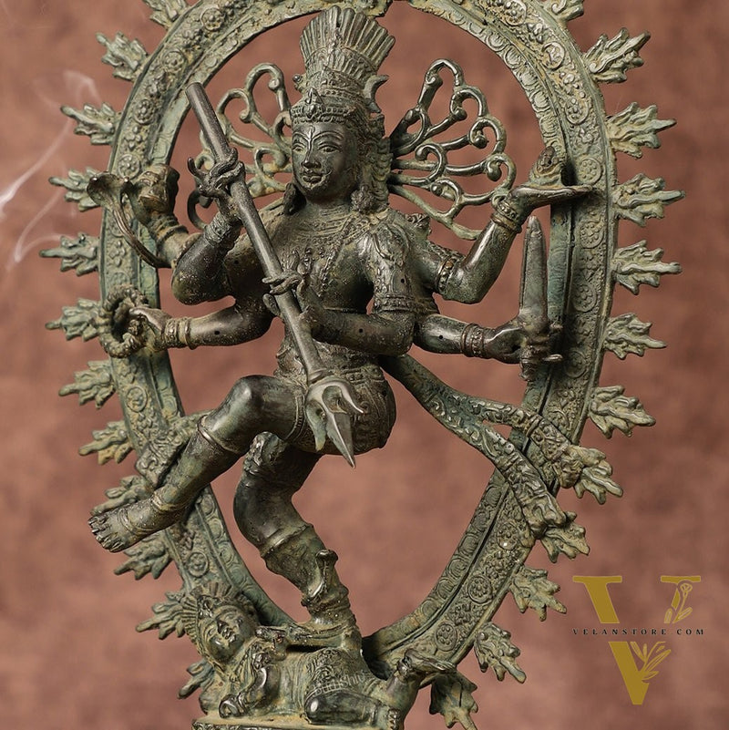 Indonesian Bronze Sculpture: Dancing Shiva with 6 Arms and Trishul Nataraja | Height: 13.5 inch