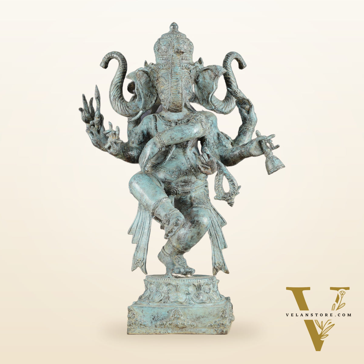 Indonesian Bronze Three-Headed Dancing Ganesha Statue with Eight Arms | 20"