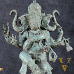 Indonesian Bronze Three-Headed Dancing Ganesha Statue with Eight Arms | 20"