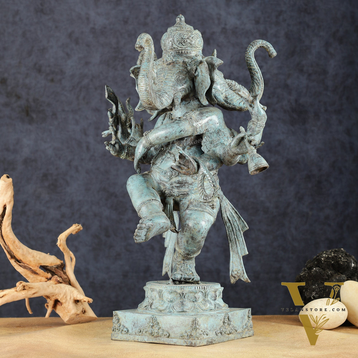Indonesian Bronze Three-Headed Dancing Ganesha Statue with Eight Arms | 20"