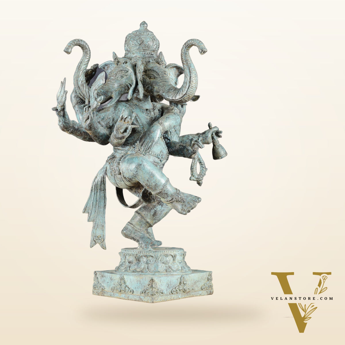 Indonesian Bronze Three-Headed Dancing Ganesha Statue with Eight Arms | 20"