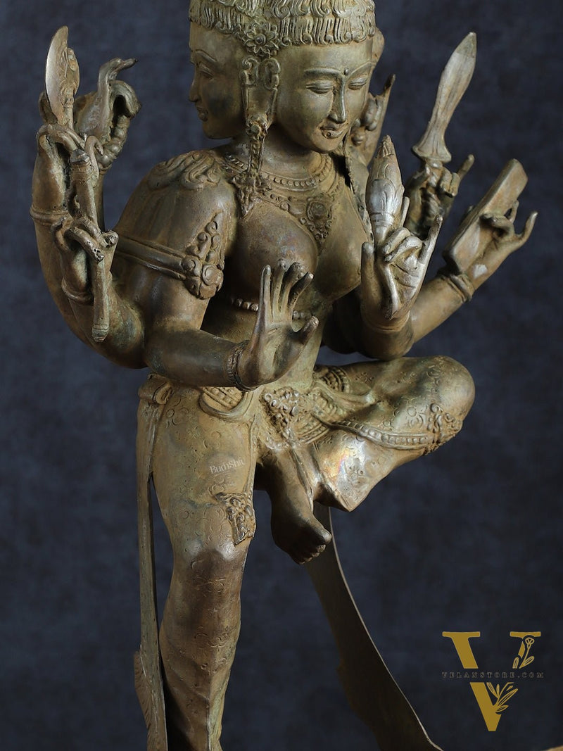 Indonesian Bronze Three-Headed Dancing Parvati Statue | Lost Wax Sculpture | 24" |