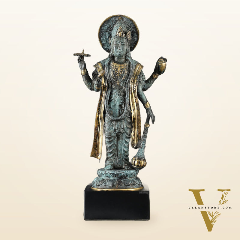Indonesian Bronze Vintage Blue Standing Vishnu Statue | 18" Height