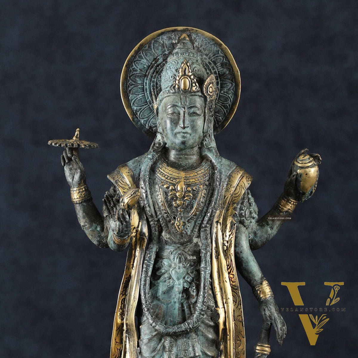 Indonesian Bronze Vintage Blue Standing Vishnu Statue | 18" Height