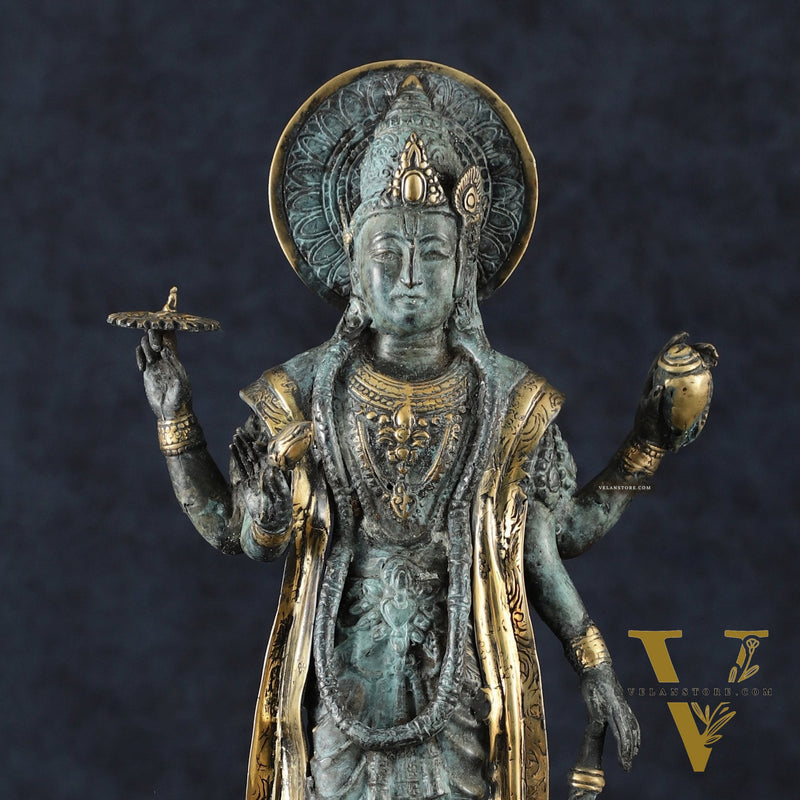 Indonesian Bronze Vintage Blue Standing Vishnu Statue | 18" Height