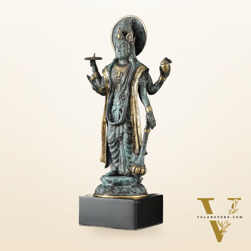 Indonesian Bronze Vintage Blue Standing Vishnu Statue | 18" Height