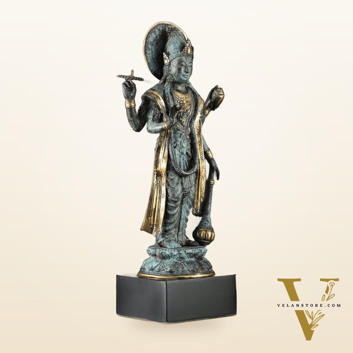 Indonesian Bronze Vintage Blue Standing Vishnu Statue | 18" Height