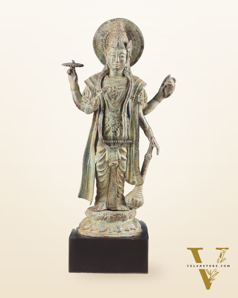 Indonesian Bronze Vintage Green Standing Vishnu Statue | 18" Height