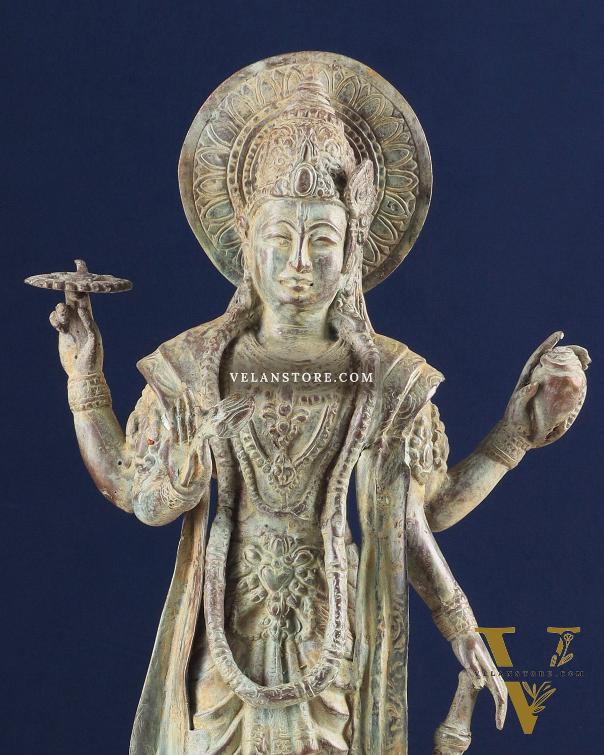Indonesian Bronze Vintage Green Standing Vishnu Statue | 18" Height