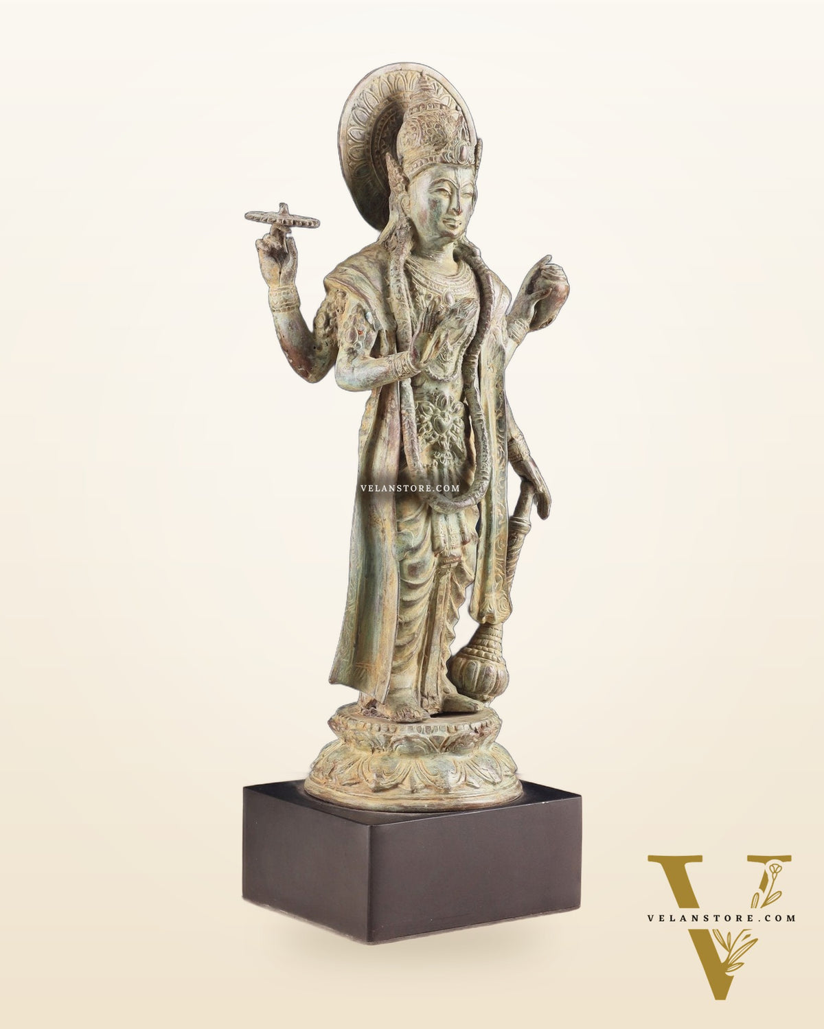 Indonesian Bronze Vintage Green Standing Vishnu Statue | 18" Height