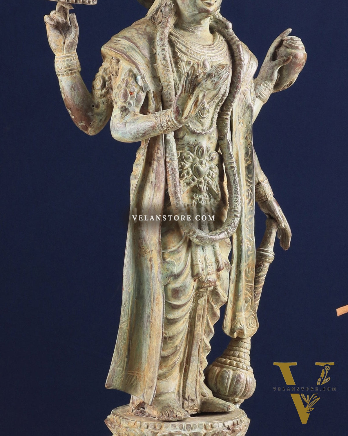 Indonesian Bronze Vintage Green Standing Vishnu Statue | 18" Height