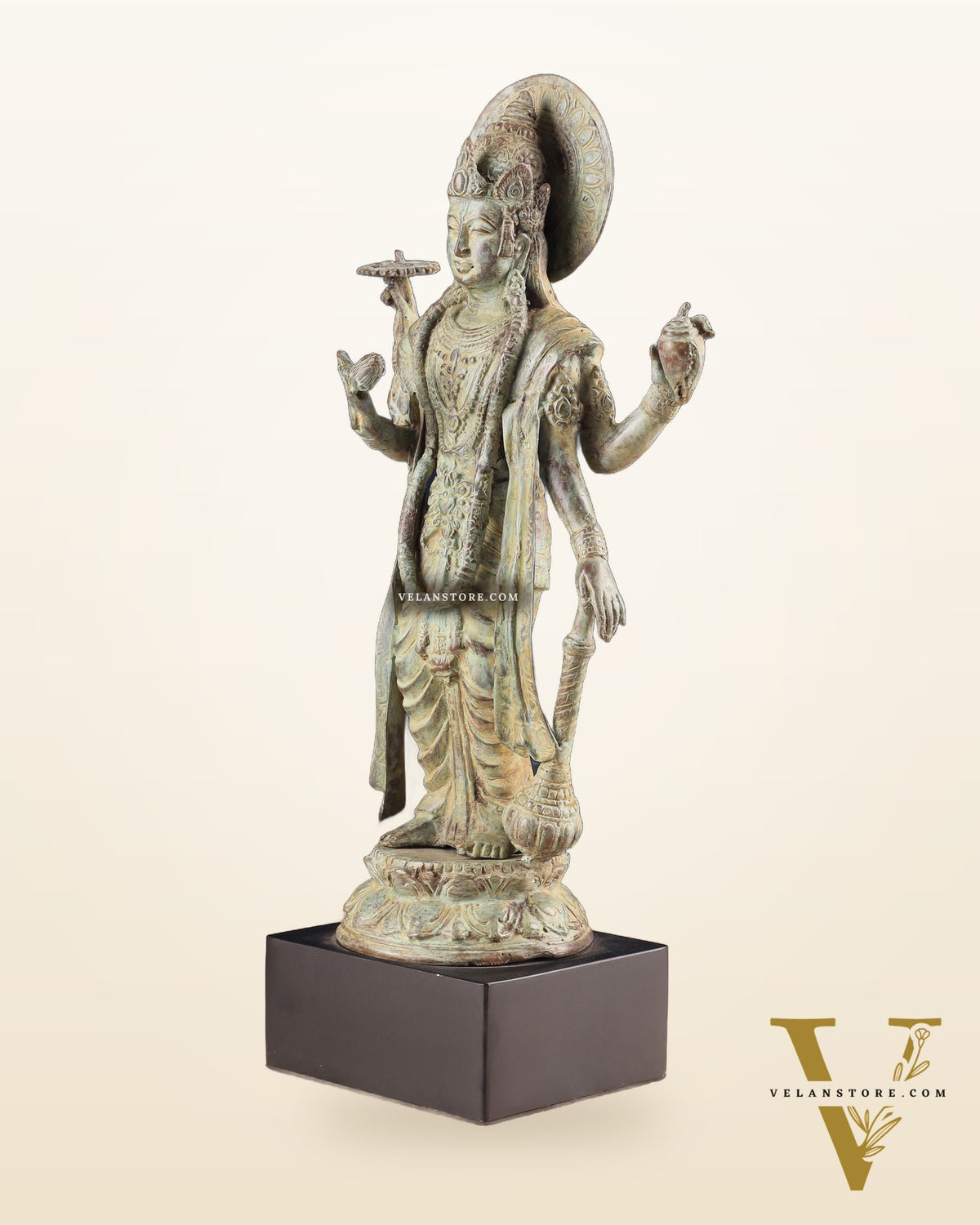 Indonesian Bronze Vintage Green Standing Vishnu Statue | 18" Height