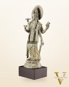 Indonesian Bronze Vintage Green Standing Vishnu Statue | 18" Height