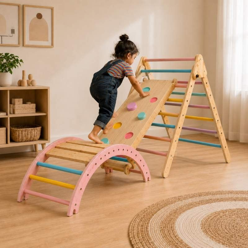 Montessori Pikler Climbing Playset for Kids – Climbing Arch, Pikler Triangle & Slider
