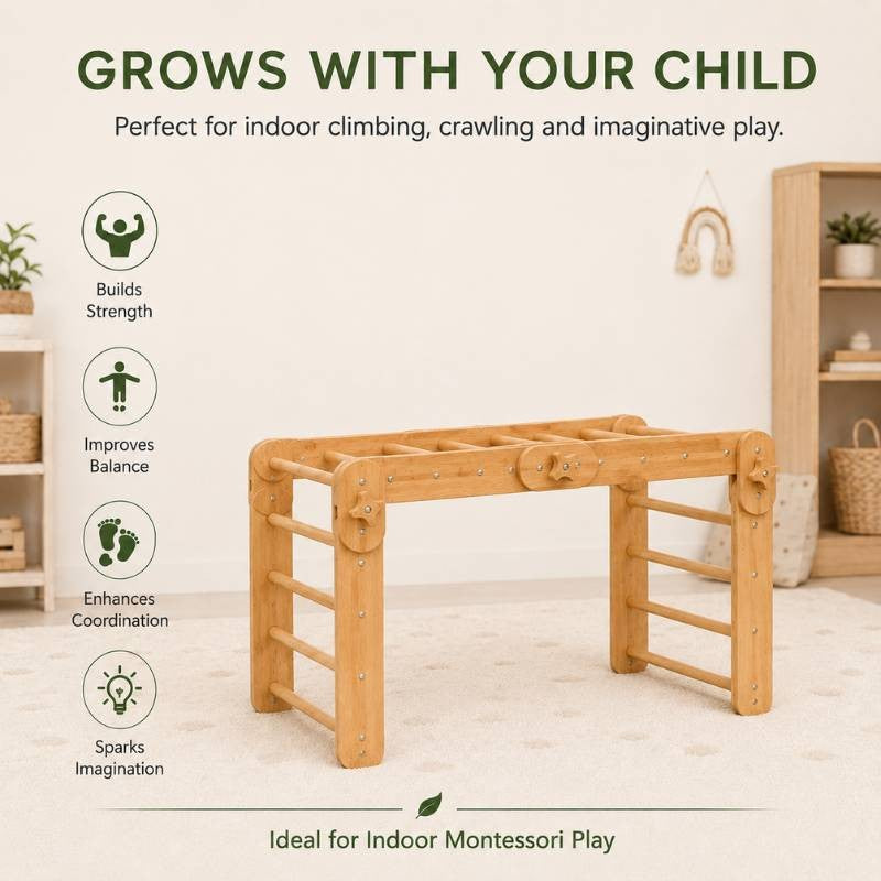 Natural Wood Multi-Shape Convertible Montessori Climbing Frame for Kids