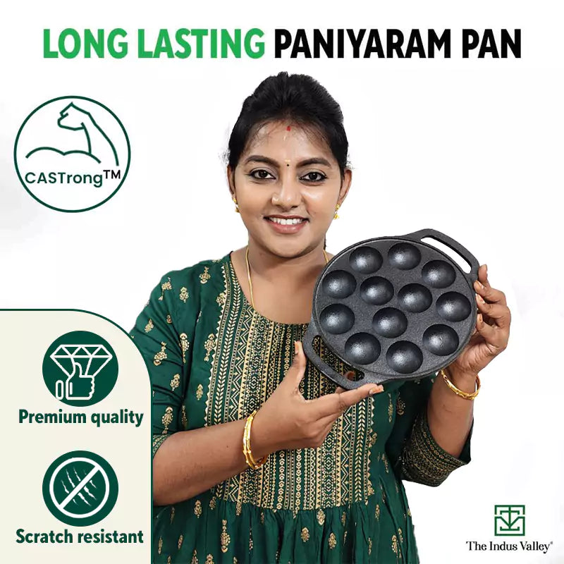 12 Pit/Cup CASTrong Cast Iron Kuzhi Paniyaram/Paddu Pan/Appe Maker, Pre-seasoned, 100% Pure, Toxin-free, Free Spatula, 21 cm, 2.2 kg
