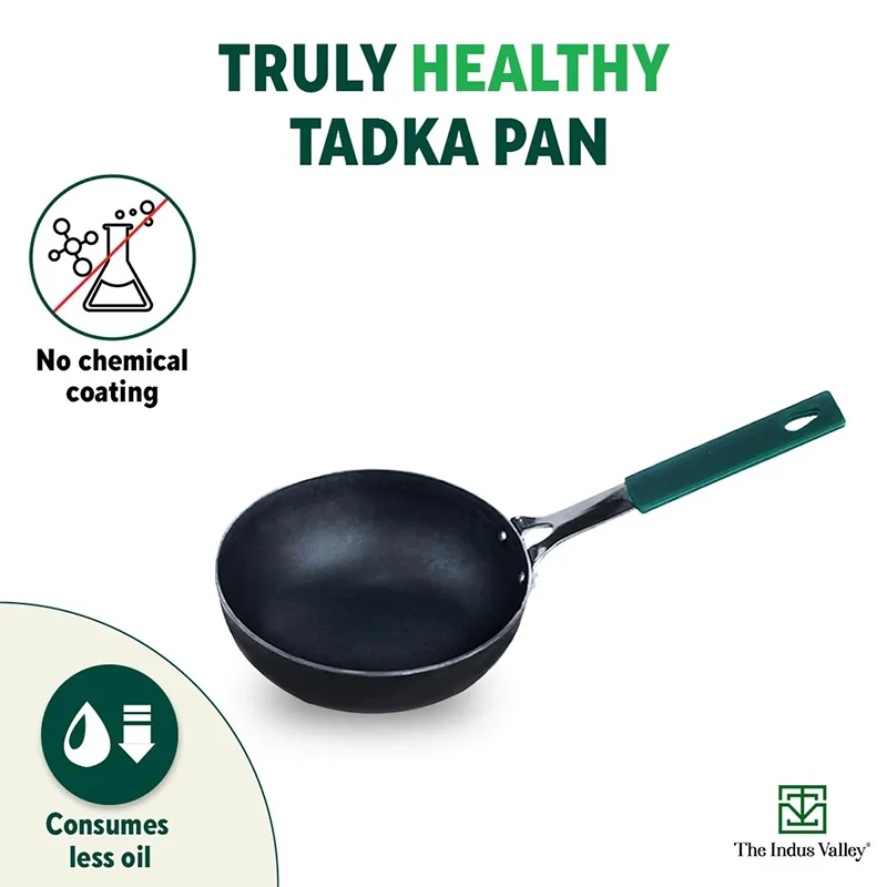 100% Pure Sheet Iron Tadka Pan, Silicone Handle, Seasoned, Toxin-free, 13.3cm / 0.43ml