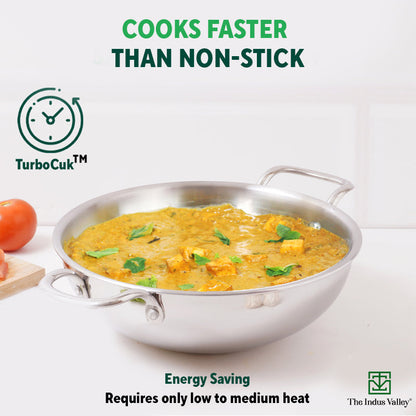 TurboCuk Tri-ply Stainless Steel Kadai, Premium 3 Layer Body, Induction, Non-stick, 1.7/2.7/4L