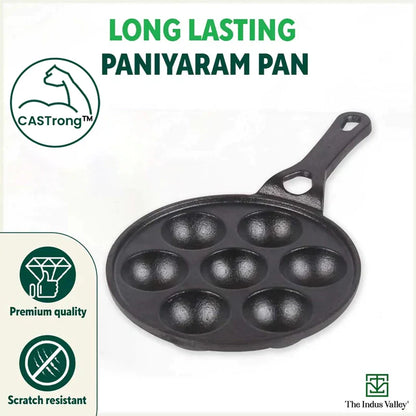 7 Pit/Cup CASTrong Cast Iron Paniyaram/Appe pan+ Free Spatula, Round, Long handle, Pre-seasoned, Nonstick, 100% Pure, Toxin-free, 21.5cm, 1.7kg