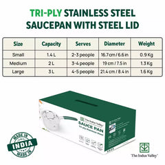 TurboCuk Tri-ply Stainless Steel Tea/Milk Pan/Saucepan+ Steel Lid, Premium Quality, 3 Layer Thick Body, 100% Toxin-free, Non-stick,  Induction & Gas, 1.4/2/3L