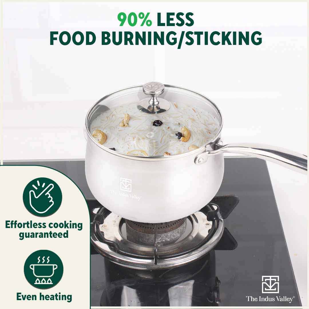 TurboCuk Tri-ply Stainless Steel Saucepan/ Milk/ Tea Pan+ Glass Lid, Premium Quality, 3 Layer Thick Body, 100% Toxin-free, Non-stick,  Induction & Gas, 1.5/3.5L