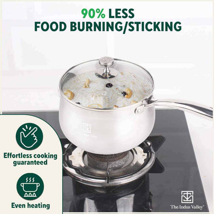 TurboCuk Tri-ply Stainless Steel Saucepan/ Milk/ Tea Pan+ Glass Lid, Premium Quality, 3 Layer Thick Body, 100% Toxin-free, Non-stick,  Induction & Gas, 1.5/3.5L