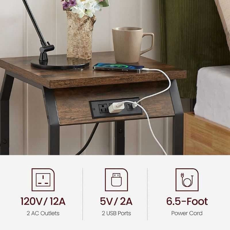 Rustic Smart Charging Sofa Side Table with Storage Shelf | Wooden Side Table with Built-In Power Outlets & USB Ports | Industrial Style | Compact Living Room Furniture