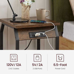 Rustic Smart Charging Sofa Side Table with Storage Shelf | Wooden Side Table with Built-In Power Outlets & USB Ports | Industrial Style | Compact Living Room Furniture