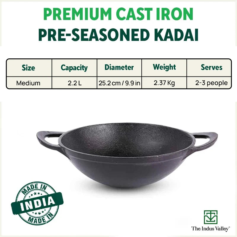 CASTrong Cast Iron Kadai, Pre-seasoned, Nonstick, 100% Pure, Toxin-free, Free ₹110 Spatula, 25.2cm, 2.2L, 2.37kg